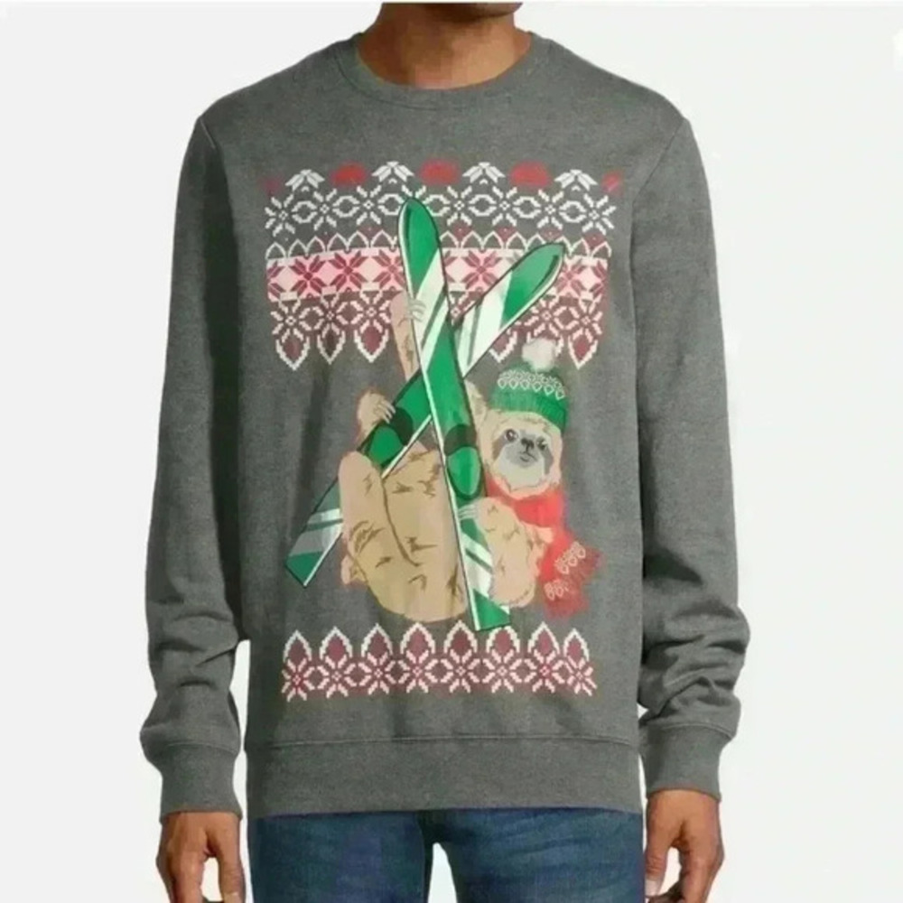 Holiday Time Sloth Sweatshirt‎ Skis Christmas Size 2XL Unisex Ugly Sweater